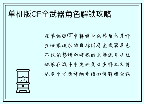 单机版CF全武器角色解锁攻略